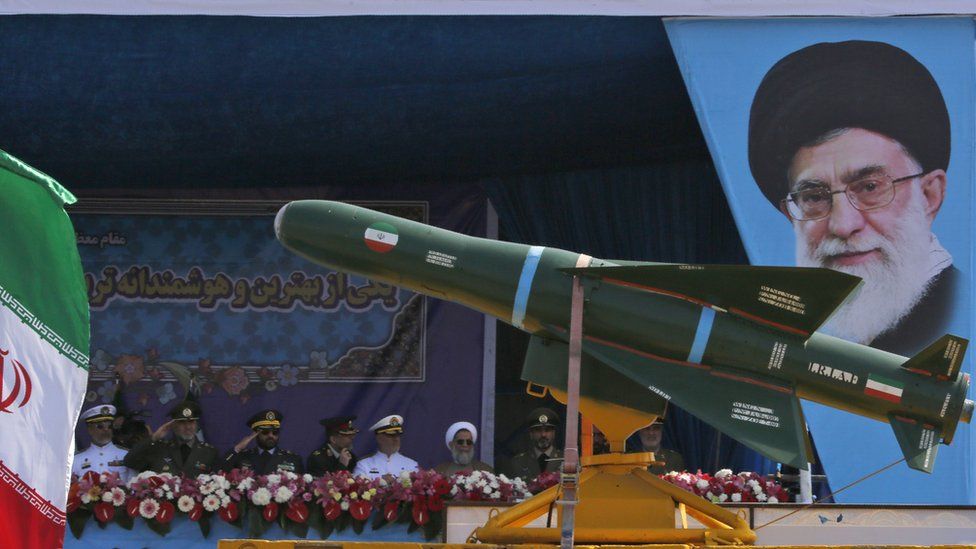 An Iranian missile at a military parade in Tehran on 18 April 2018