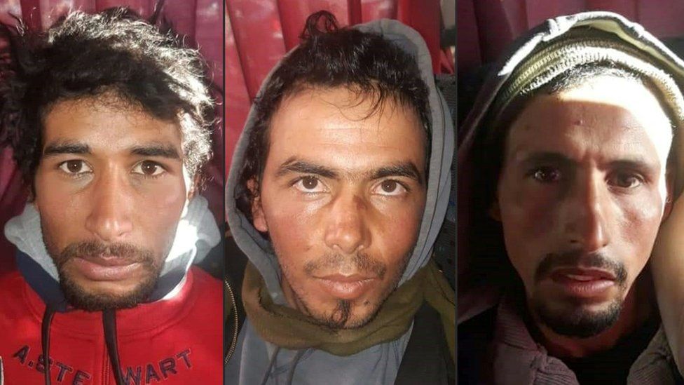 This combination of pictures created on December 20, 2018 shows Rachid Afatti (L), Ouziad Younes (C), and Ejjoud Abdessamad (R), three suspects in the murders of two Scandinavian hikers