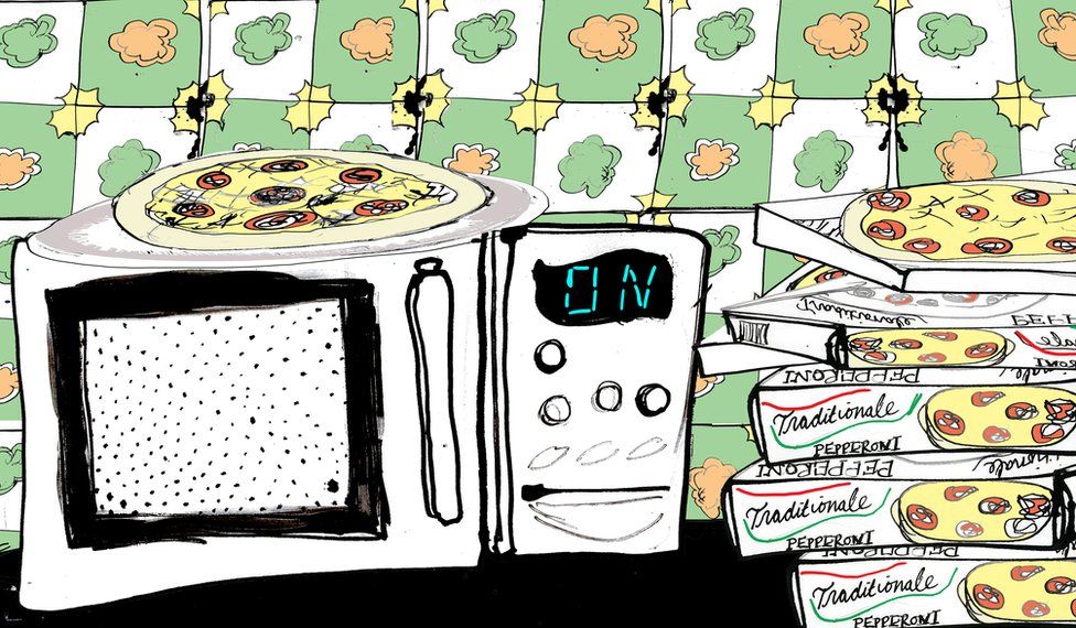 Illustration of a pizza on top of a microwave