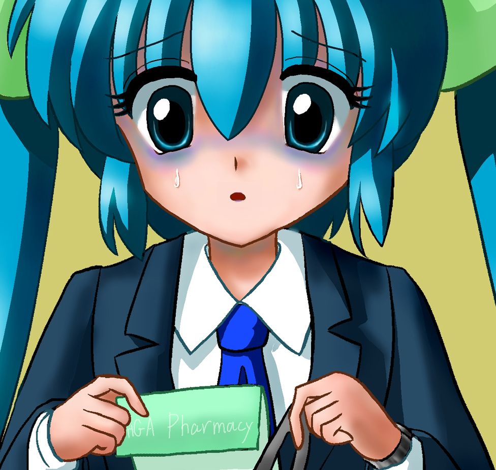 Picture from manga of person holding a slip of paper with the word pharmacy written on it