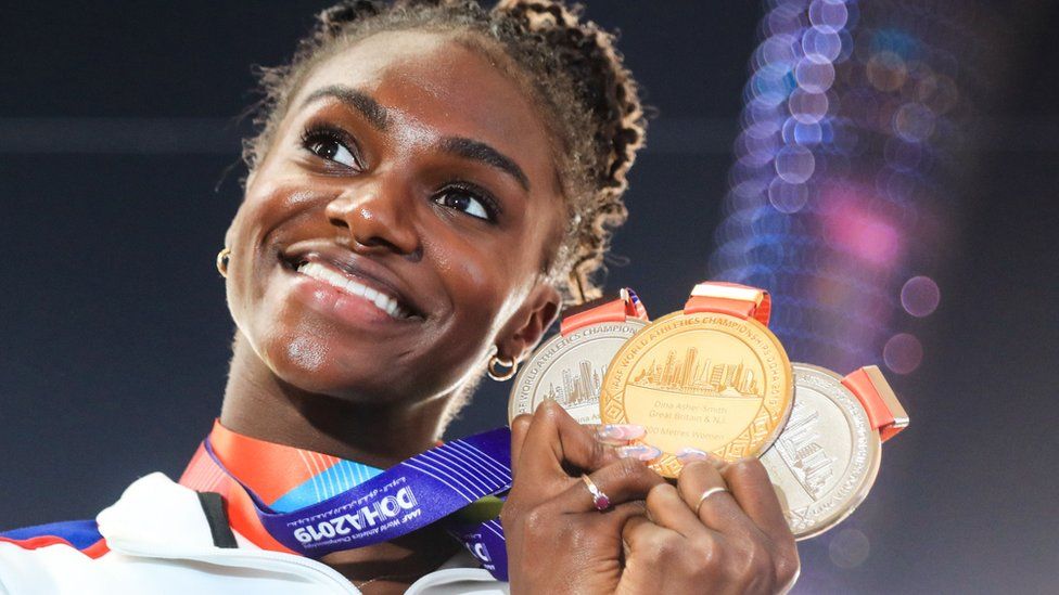 Dina Asher-Smith with her gold and two silver medals she won at the 2019 World Athletics Championships.