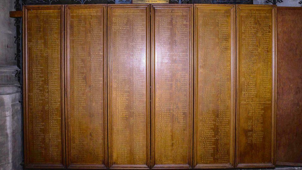The six wooden memorial panels commemorating First World War casualties at St Michael's Church in Bristol