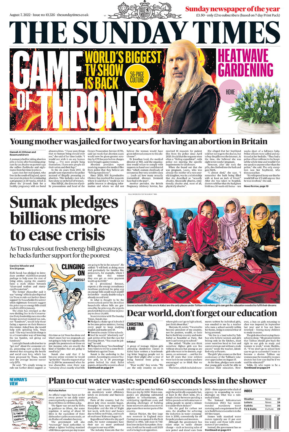 The headline in the Sunday Times reads 'Sunak pledges billions more to ease crisis'