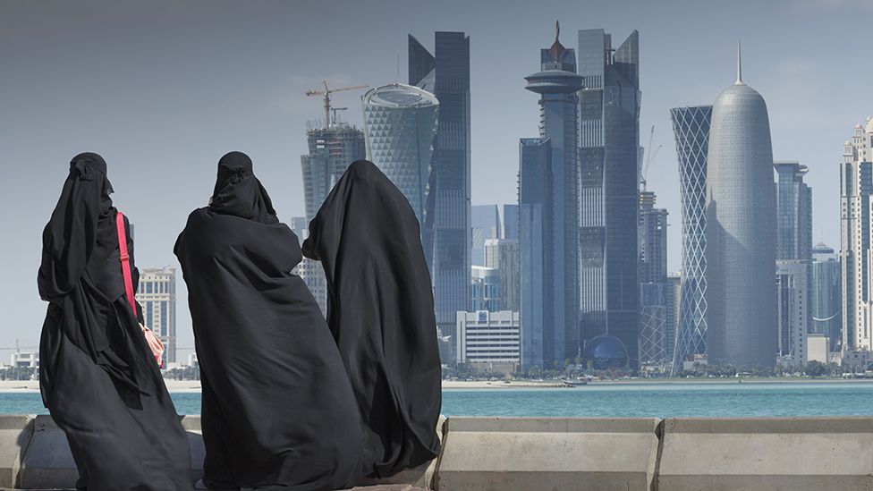 Qatar skyline with people in foreground