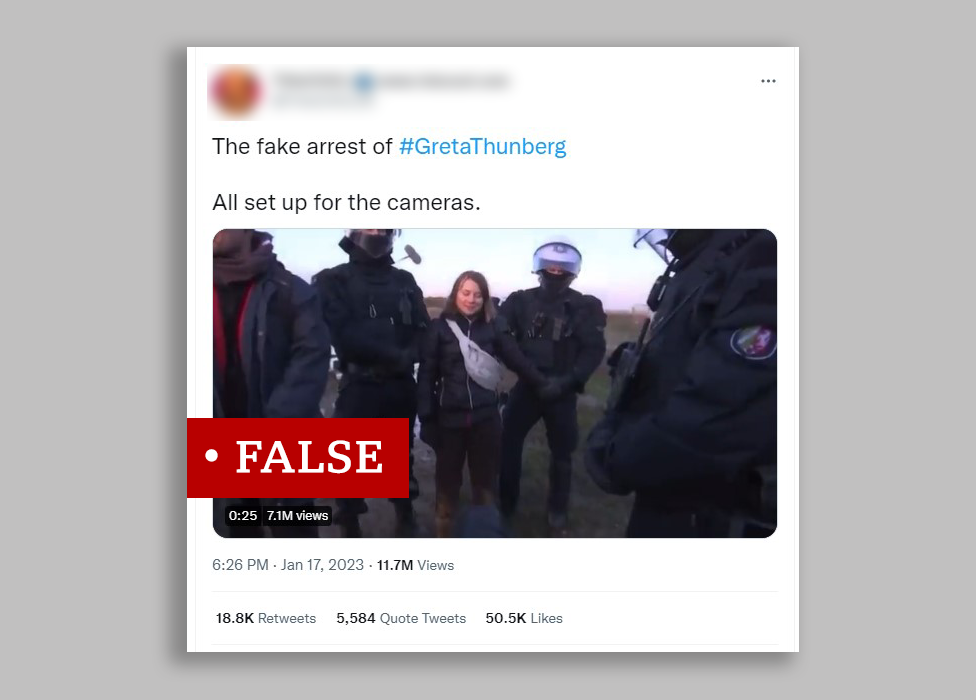 Пост в Твиттере, ложно утверждающий, что задержание Греты Тунберг было подделкой.