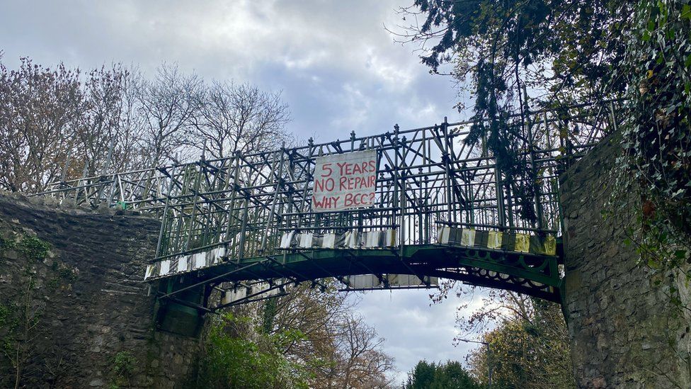 Kingsweston Iron Bridge supported by scaffolding