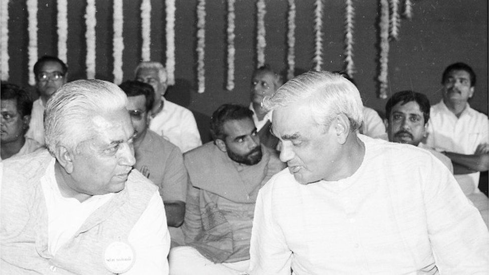 Narendra Modi, Prime Minister of India, with Atal Bihari Vajpayee, Ex Prime Minister of India, and Keshubhai Patel, Ex Chief Minister of Gujarat State, at a Function in Ahmedabad Gujarat India on 1st October 1994
