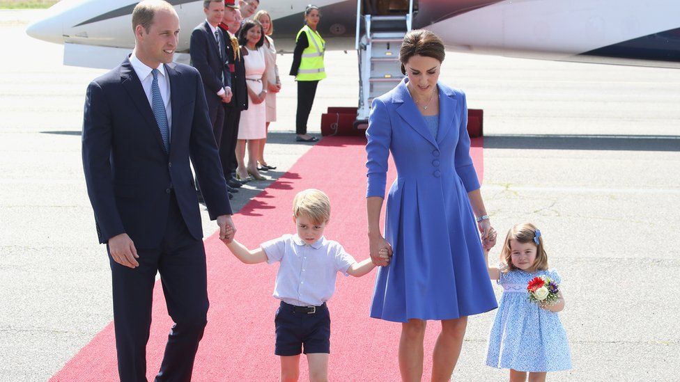 Prince William, the Duchess of Cambridge, Prince George and Princess Charlotte of Cambridge arrive at Berlin Tegel Airport during an official visit to Poland and Germany on July 19, 2017 in Berlin, Germany