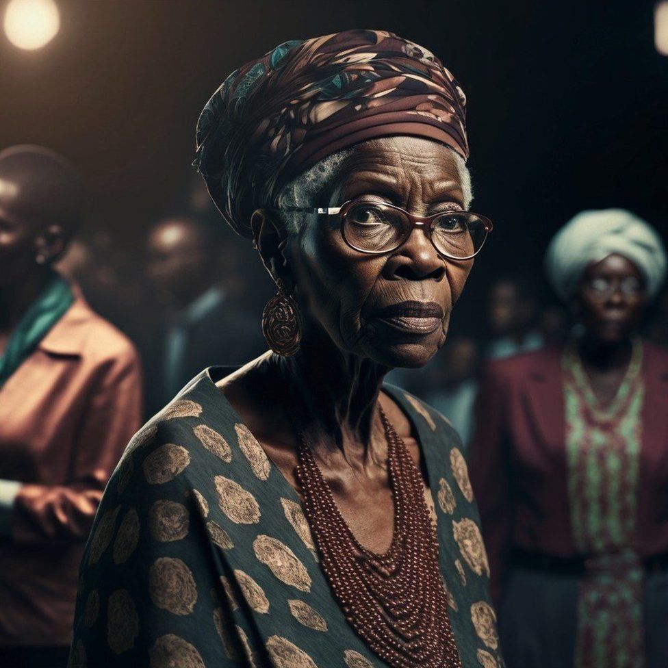 Older woman wearing traditional gele on runway