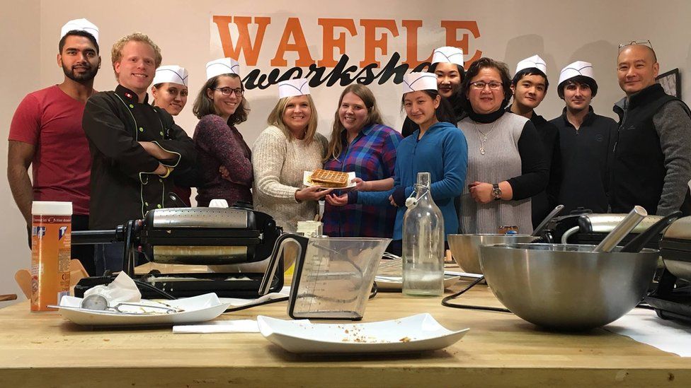 A work team visiting Waffle Workshop