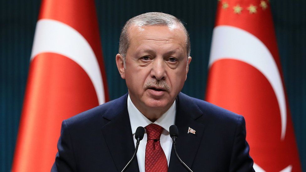 A handout photo made available by the Turkish Presidential Press Office shows Turkish President Recep Tayyip Erdogan speaks during a press conference at at the Presidential Palace in Ankara, Turkey