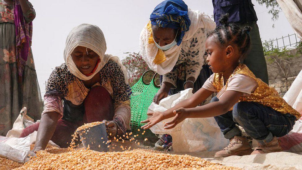 Woman and children sifting through yellow lentils at aid distribution point