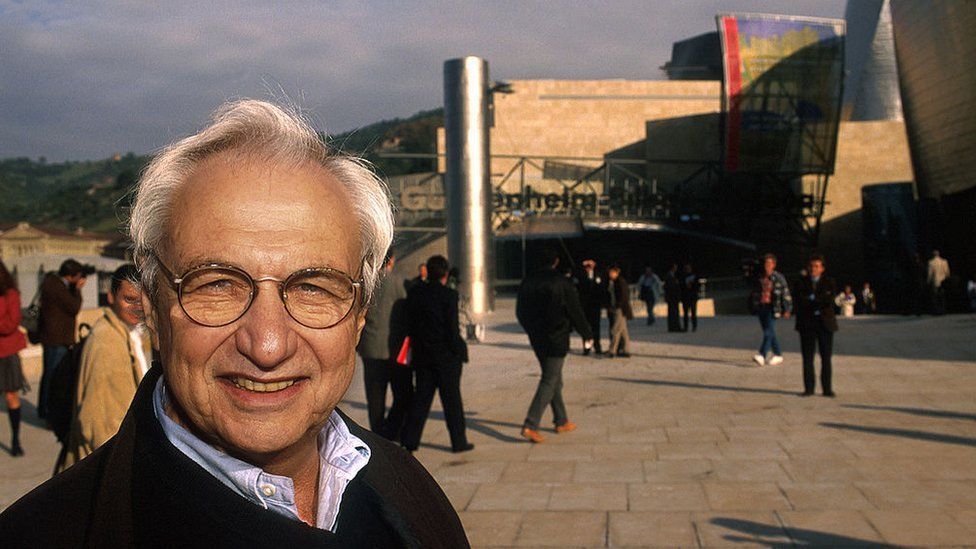 Frank Gehry at the opening of the Guggenheim Museum in Bilbao