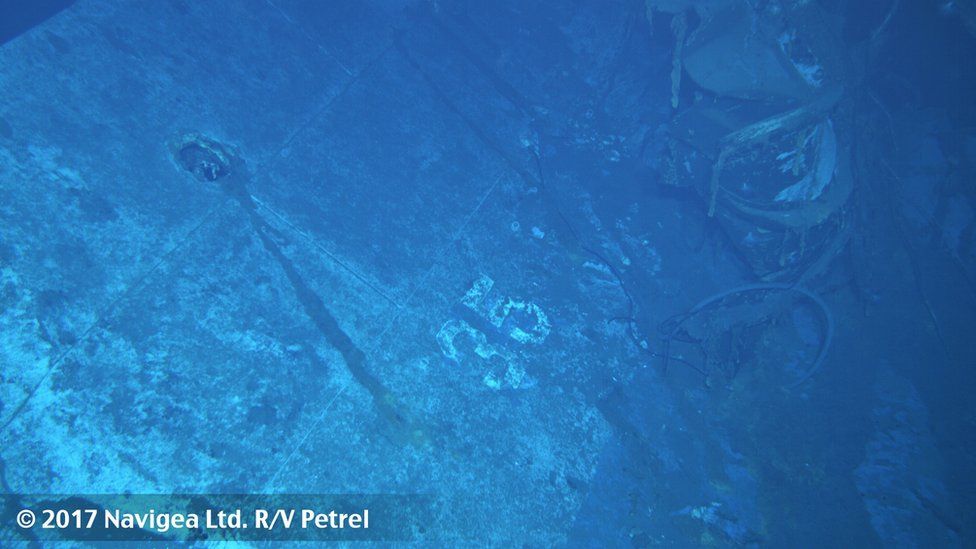 A handout photo made available on 19 August 2017 courtesy of Paul G. Allen shows an image shot from a remotely operated vehicle showing what appears to be the painted hull number "35."