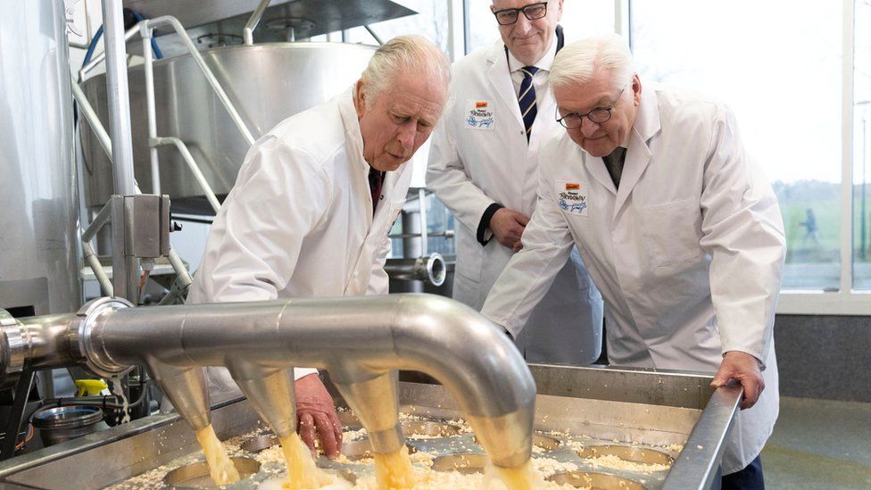 King Charles had a go at cheese making as at an organic farm in Brandenburg