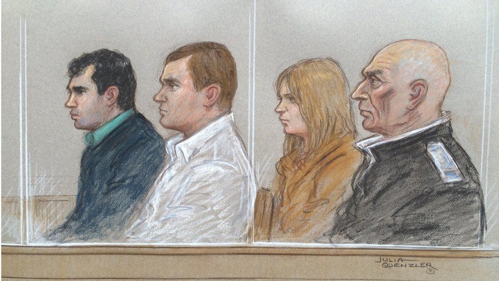 Court sketch of defendants (left to right) - Harry Shilling, Michael Defraine, Jennifer Arthy and John Smale