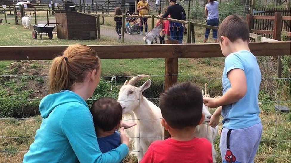 Family petting a goat