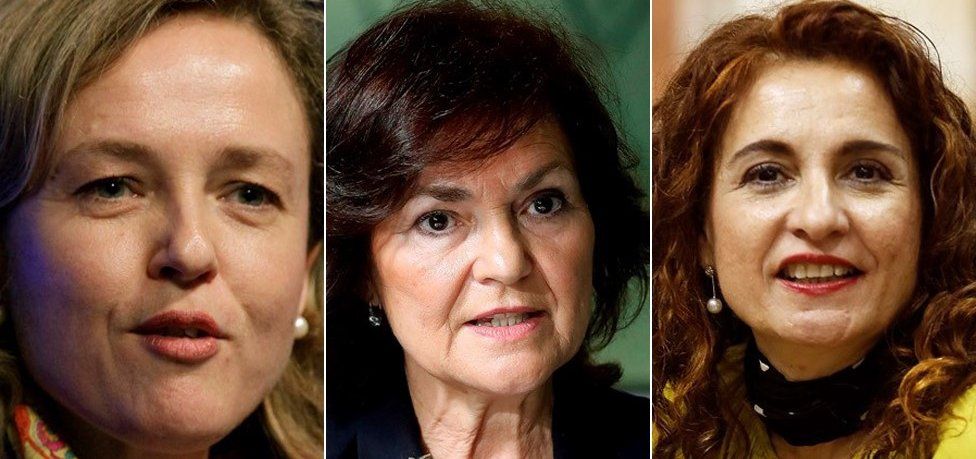 Three of the new ministers in the new Spanish government: L-R Nadia Calviño, Carmen Calvo and María Jesús Montero