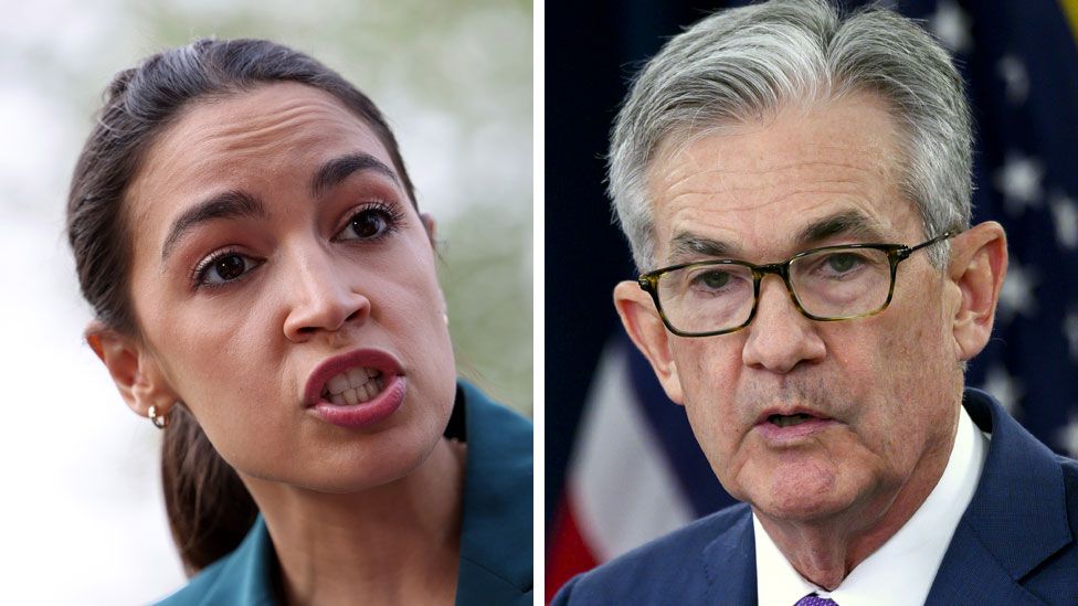 Congresswoman Alexandria Ocasio-Cortez and Fed Chair Jerome Powell