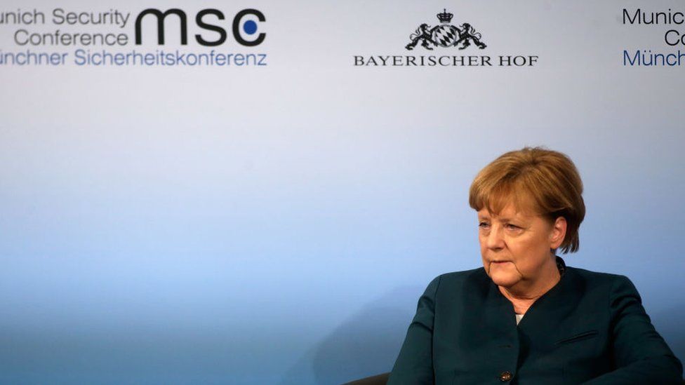 German chancellor Angela Merkel looks on at the 2017 Munich Security Conference