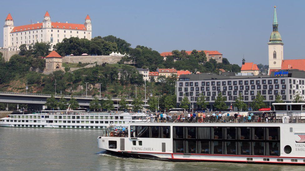 Image shows a sightseeing ship in Bratislava