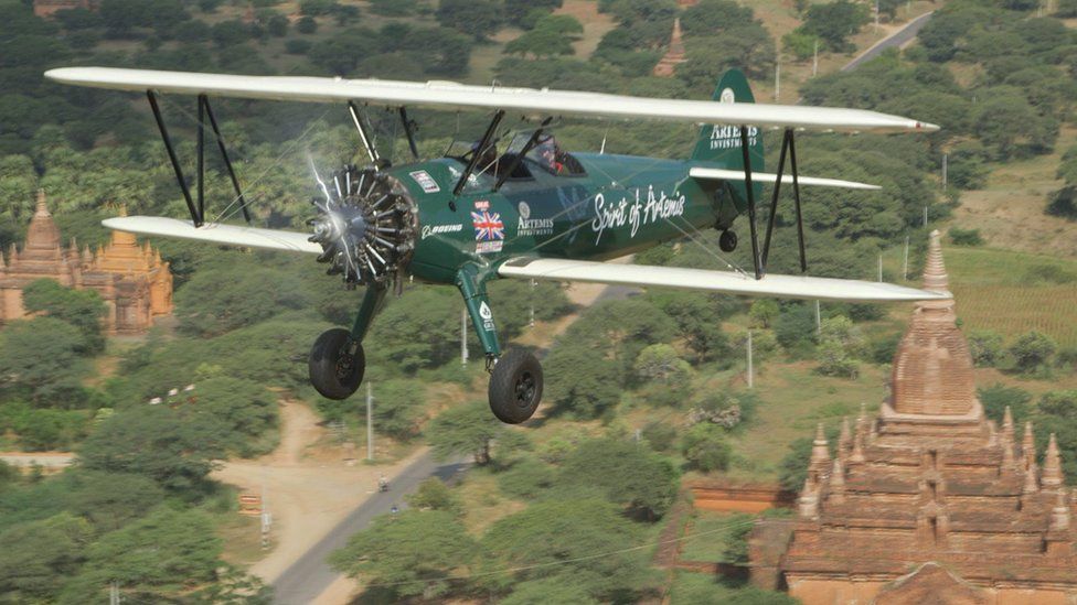 Tracey Curtis-Taylor's biplane over Bagan, in Myanmar