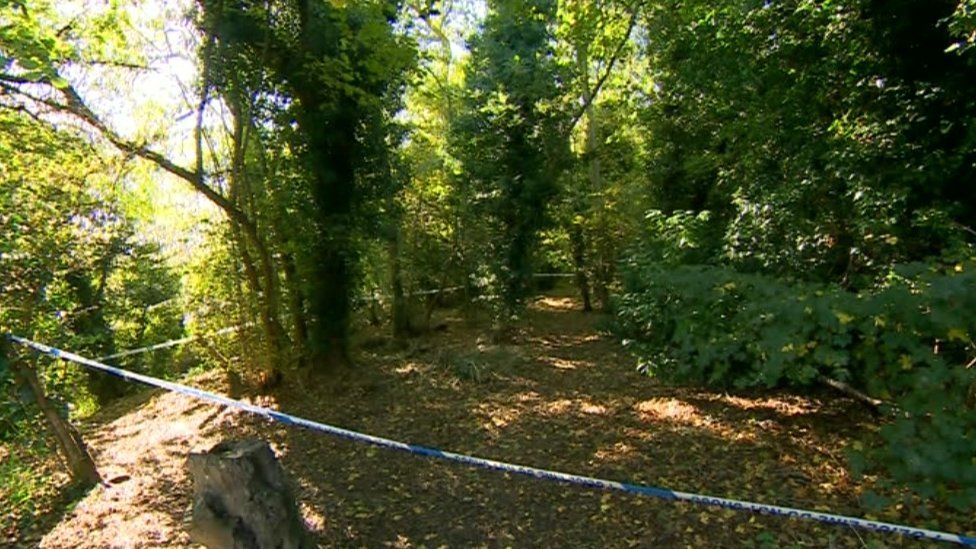 police tape at woods near Sarah Wellgreen's home