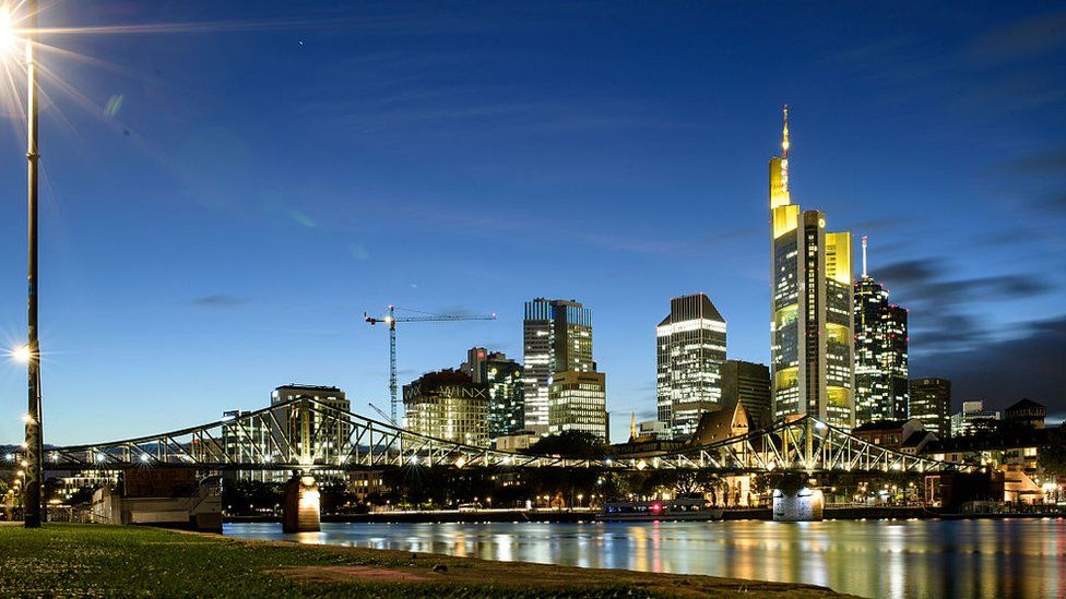 A general view of the skyline of Frankfurt and the financial district with the corporate headquarters of Commerzbank in the background