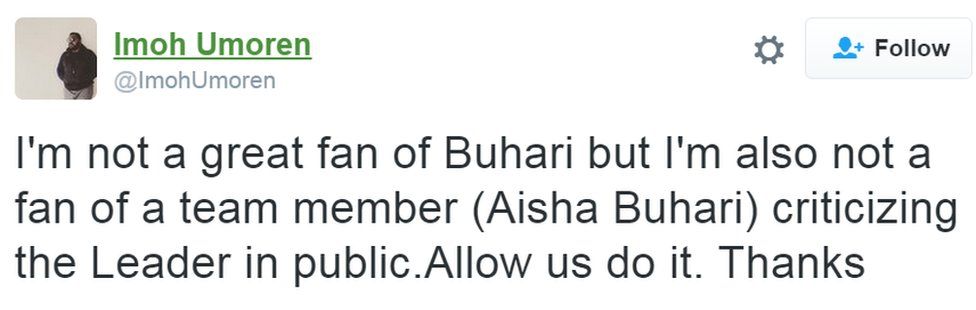 Tweets from Imoh Umoren: Aisha Buhari is my new favorite person!! I have the biggest respect for people who stand up and speak up for what they believe