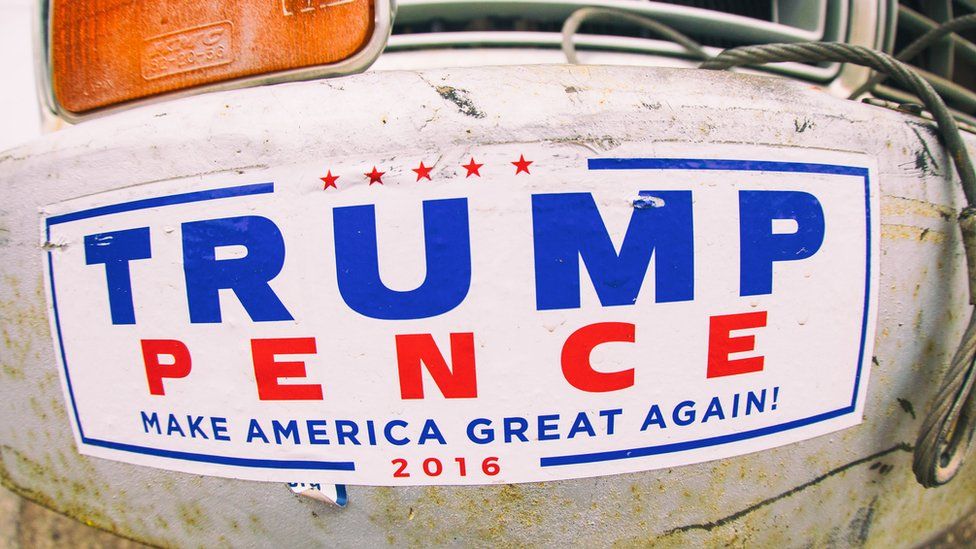 Bumper sticker reading: TRUMP, PENCE, Make America Great Again
