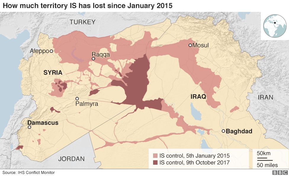 Map showing how much territory was held by IS in January 2015 and October 2017