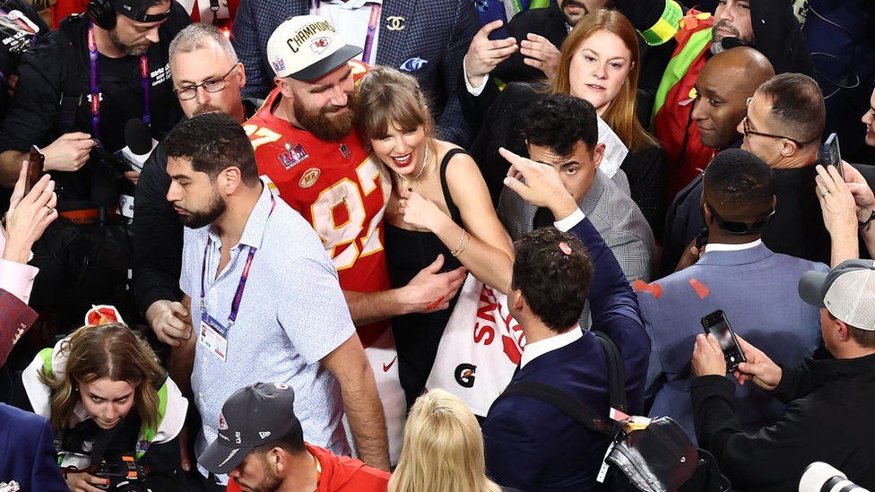Taylor Swift celebrates at the 2024 Super Bowl