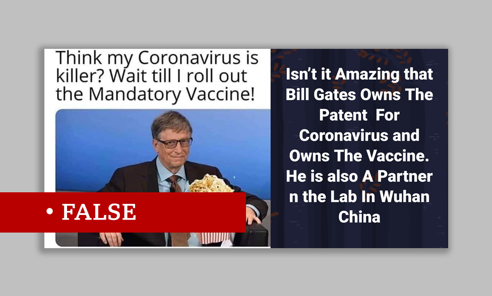 Two Bill Gates memes labelled "false". One claims Gates has a patent for coronavirus.