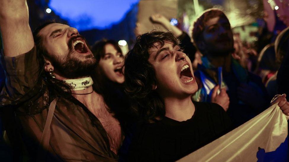 Protesters shout slogans as they try to march to Taksim Square during a rally marking the International Women's Day in Istanbul, Turkey, 08 March 2023