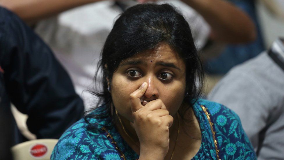 Isro employee reacts after the communication and data were lost from the vikram lander at ground station Indian Space Research Organization (ISRO) Telementry Tracking and Command Network (ISTRAC) Command Centre in Bangalore, India, 07 September 2019.