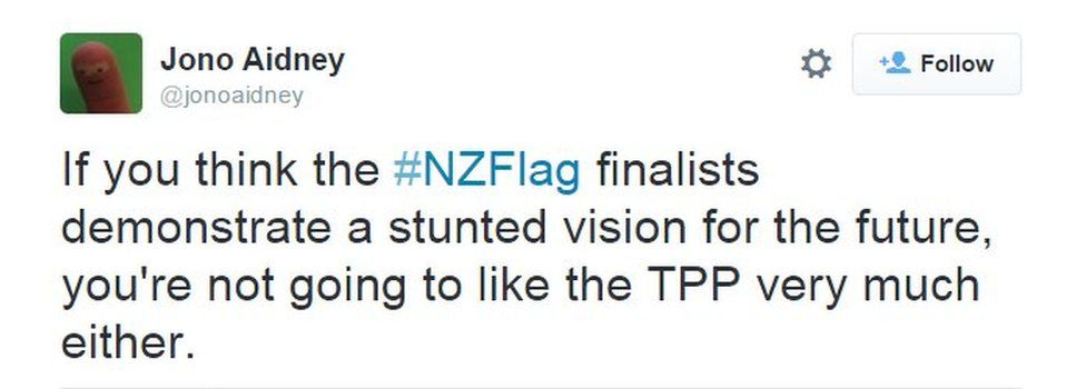 Tweet text: "If you think the #NZFlag finalists demonstrate a stunted vision for the future, you're not going to like the TPP very much either.
