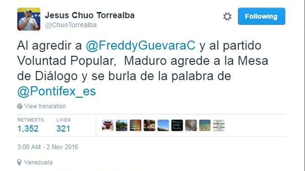 Twitter reading: "By attacking Freddy Guevara and Popular Will, Maduro is attacking the negotiating table and mocks the word of @Pontifex-es"