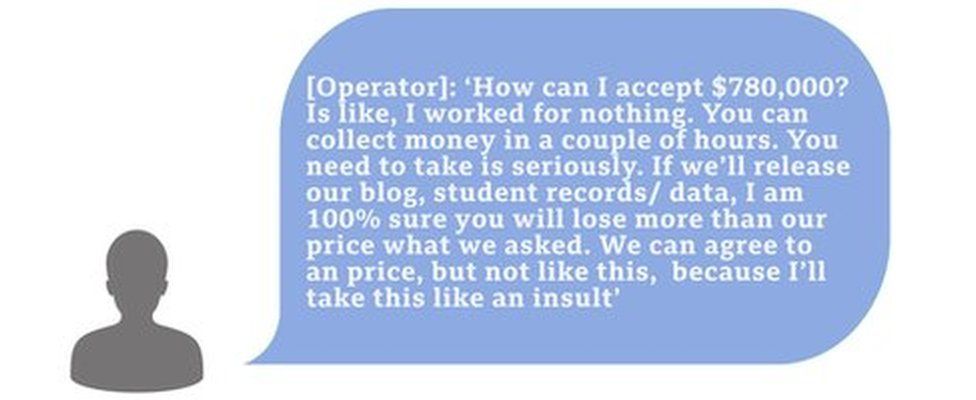 Hacker chat box saying 'How can I accept $780,000? Is like, I worked for nothing. You can collect money in a couple of hours. You need to take is seriously. If we'll release our blog, student records/ data, I am 100% sure you will lose more than our price what we asked. We can agree to an price, but not like this, because I'll take this like an insult'