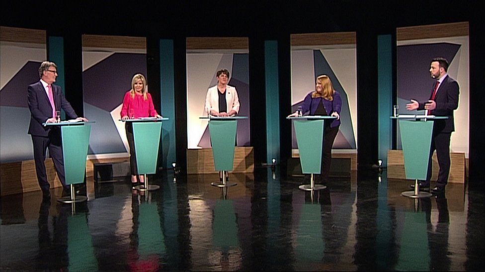 The leaders of Northern Ireland's main political parties, from left to right, Mike Nesbitt, Michelle O'Neill, Arlene Foster, Naomi Long and Colum Eastwood