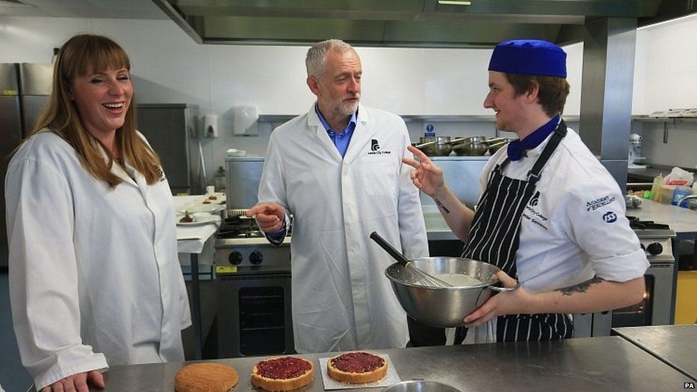 Jeremy Corbyn and Angela Rayner during a visit to a catering college in Leeds