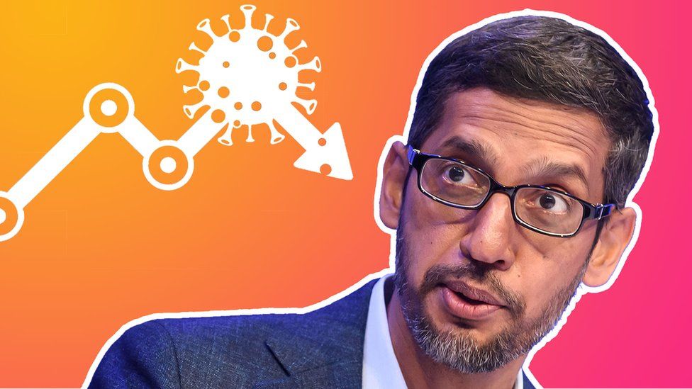 Google chief Sundar Pinchai looks with trepidation at a coronavirus-themed stock line in this photo illustration