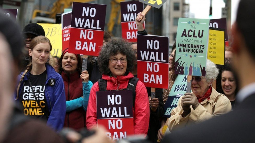 People protest outside 9th US Circuit Court of Appeals over US President Donald Trump's revised travel ban in Seattle, Washington on May 15, 2017
