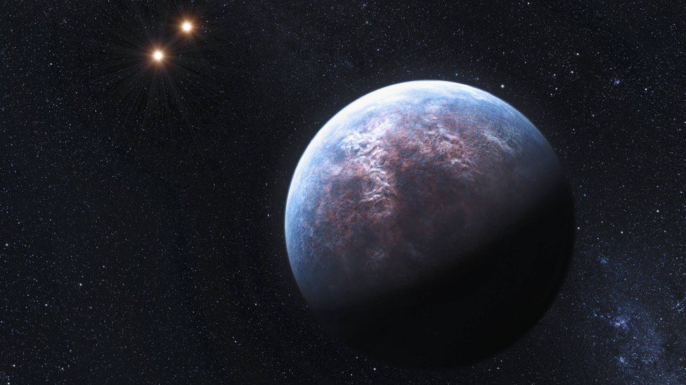 Artist's impression of an exoplanet orbiting a binary star system