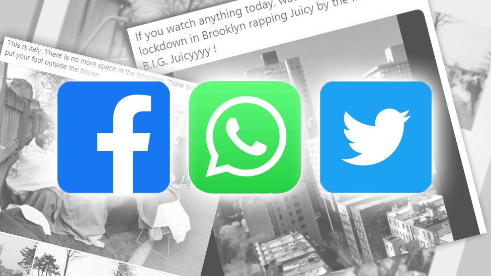 Stacks of article screenshots with Facebook, WhatsApp and Twitter logos on top