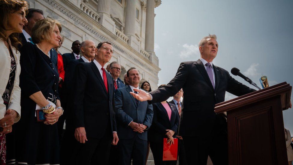 Congressional Republicans speak to the press outside the US Capitol on Wednesday