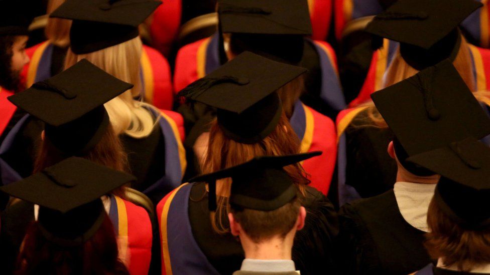 students at graduation ceremony in caps and gowns