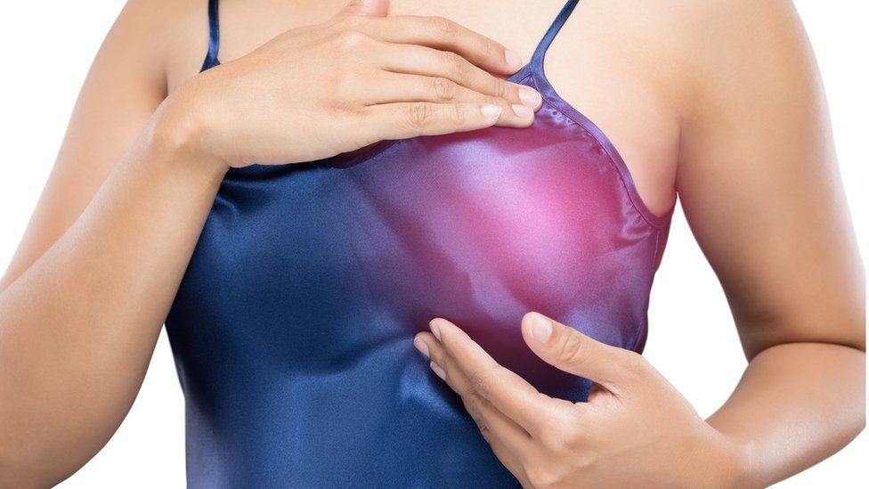Woman self-examining breast