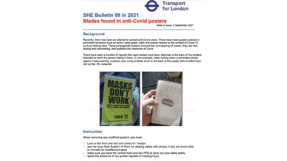 Screenshot of advice about anti mask posters to TFL staff