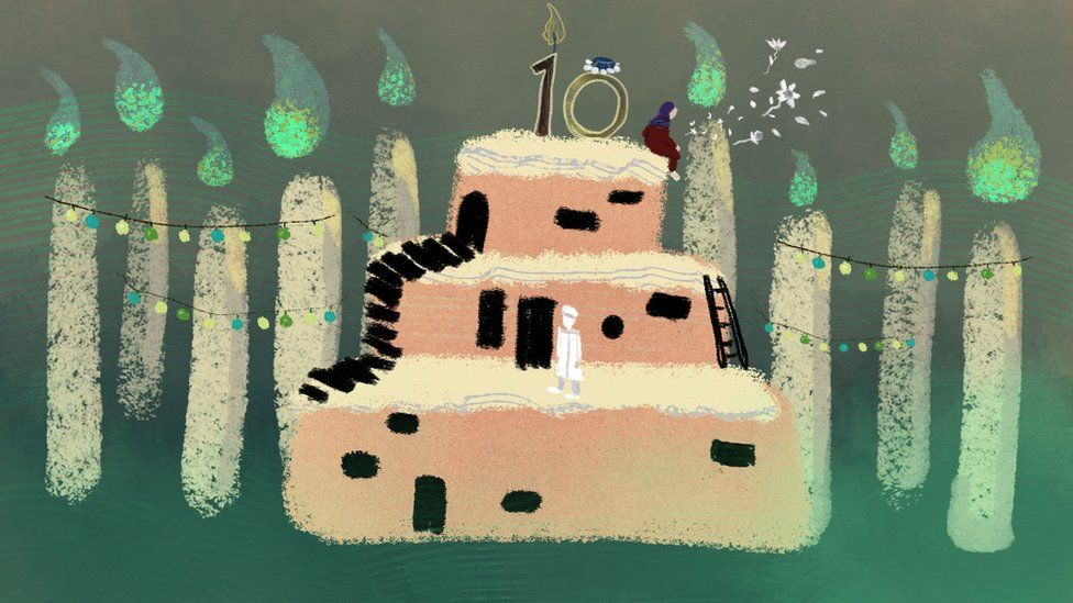 Ilustración que muestra un pastel de cumpleaños con unos niños en miniatura rodeados de 10 velas