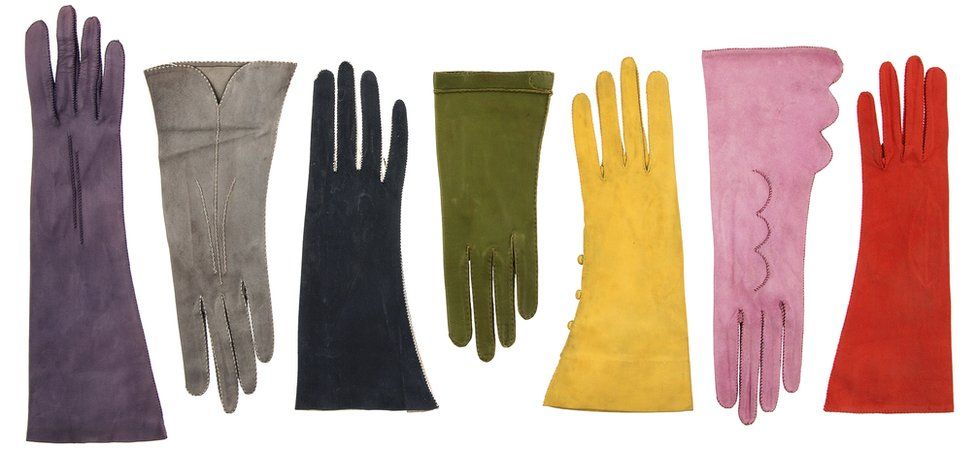 Selection of brightly coloured suede leather gloves, by self-taught glove maker Mrs Anne Kershaw